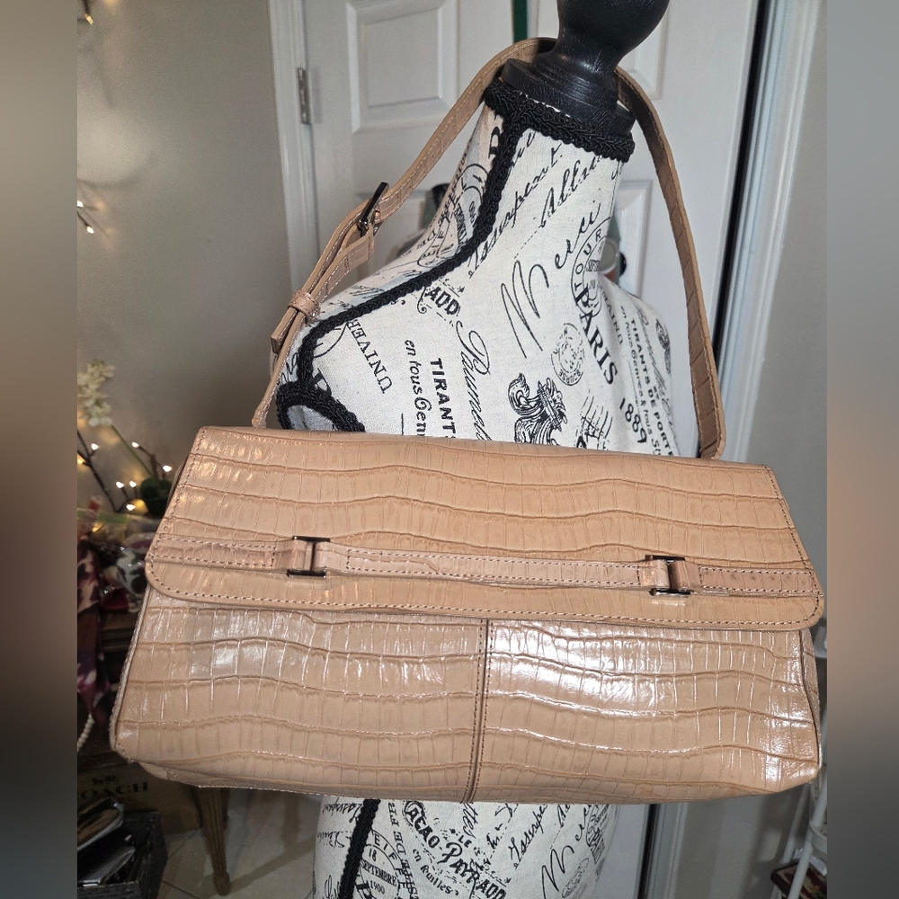 Etienne Aigner Tan Embossed Cowhide Baguette Shoulder Bag Silver Hardware